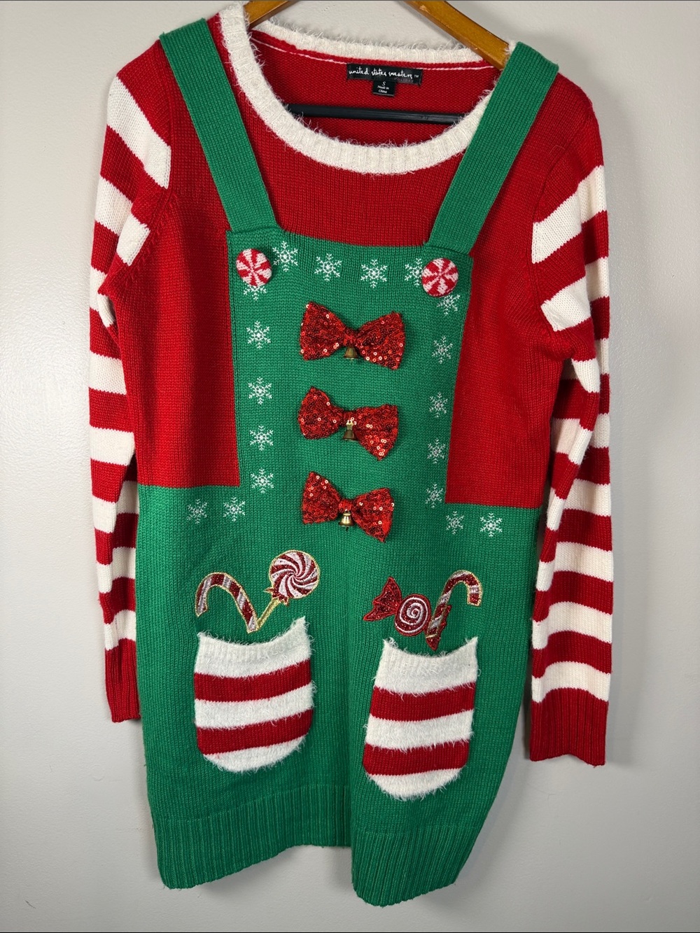 In the Making Christmas Elf Overalls Holiday Sweater Dress, Small